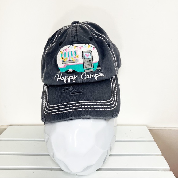 Happy Camper women’s Hat Cap Girl  Vacation Beach Hat Gift EUC - Picture 1 of 4